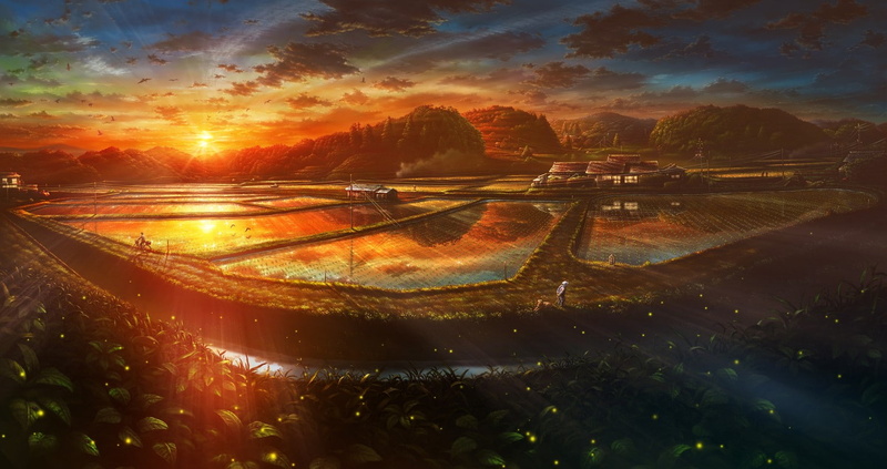village, 720P, rice, sunset, landscape, anime