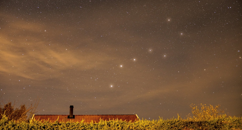 starry, scenics - nature, house, field, land, star - space, ursa minor, big dipper, red, plant, environment, night, cloud - sky, daytime, nature, landscape