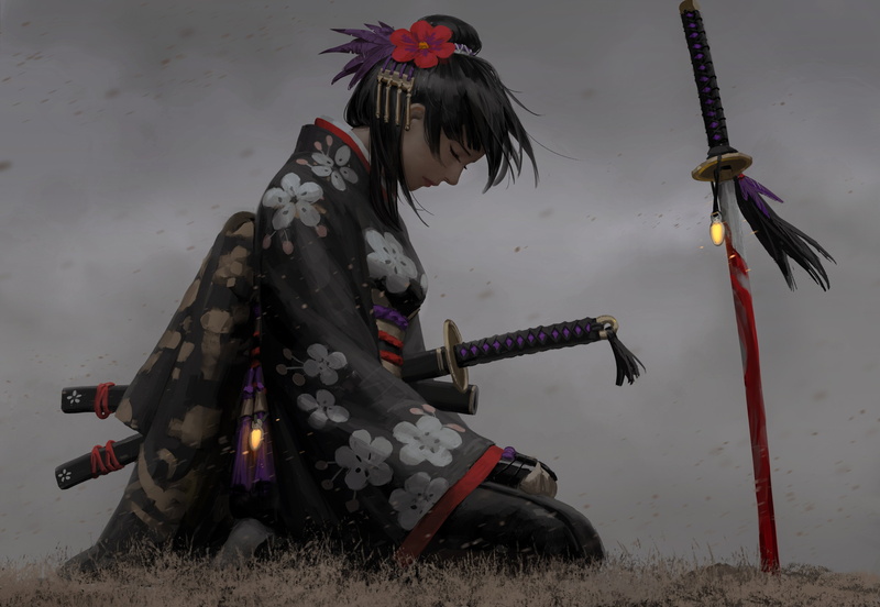pose, Japanese, profile, girl, sadness, decoration, weapons, kimono, 4K, art