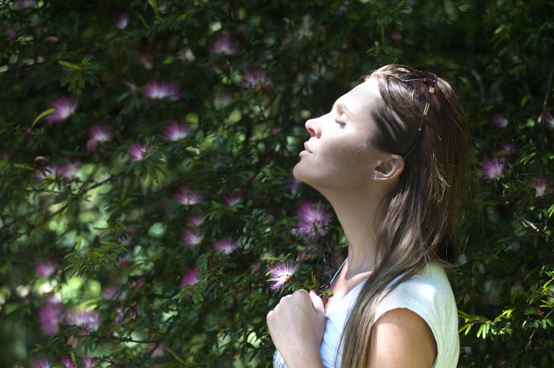peace, healthy, flowers, lady, outdoors, woman, fresh, brown hair, young Adult, hair, view, side view, air, quiet, beautiful, beauty, profile view, hairstyle
