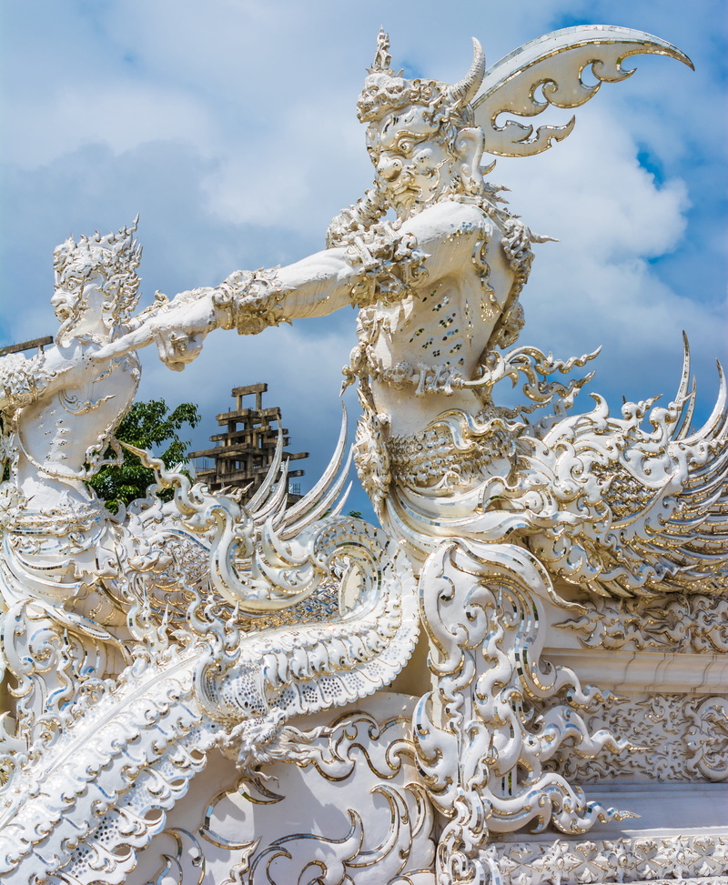 architecture, creativity, sky, statue, no people, asia, 4K, art and craft, pattern, ornate, representation, outdoors, white temple, focus on foreground