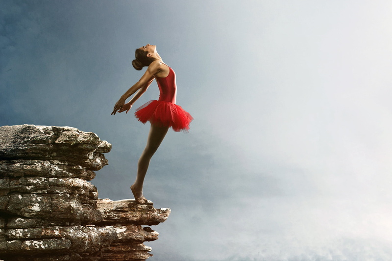 clouds, on the edge, makeup, brown hair, Pointe shoes, 1080P, abyss, pose, open, rock, dress, figure, hairstyle, girl, stones, in red, ballerina, is