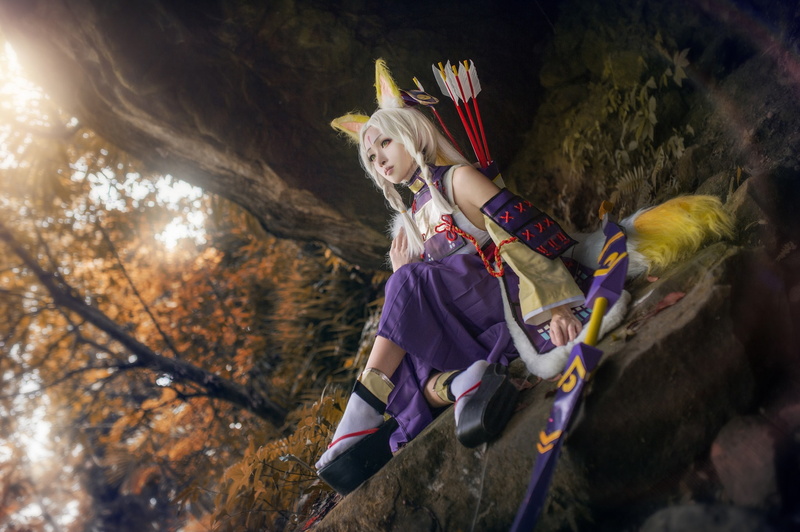 girl, costume, outfit, cosplay, autumn, foliage, weapons, lilac, boulders, image, tail, arrows, hair, braids, trees, blonde, stones, ears, look, hairstyle