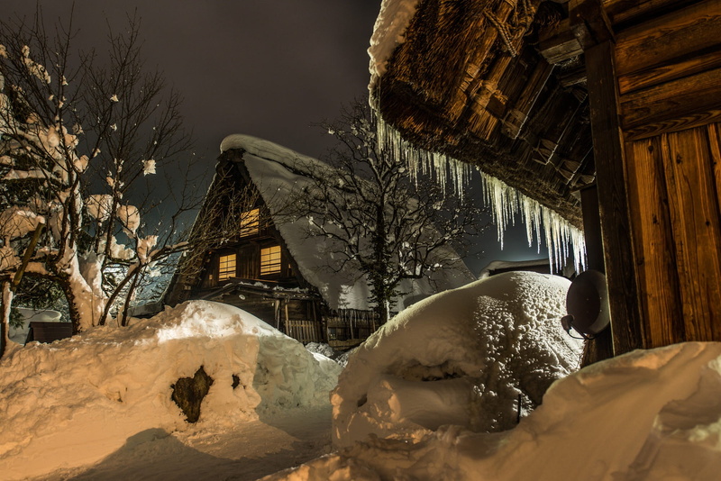 1080P, village, winter, lighting, home, trees, nature, the evening, Japan, Shirakawa-go, the snow, landscape, snow, reflection, icicles