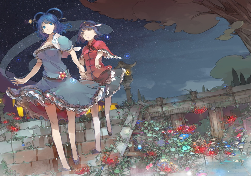 christmas, architecture, 720P, nature, outdoors, christmas decoration, Kaku Seiga, night, christmas ornament, illuminated, anime girls, creativity, tree