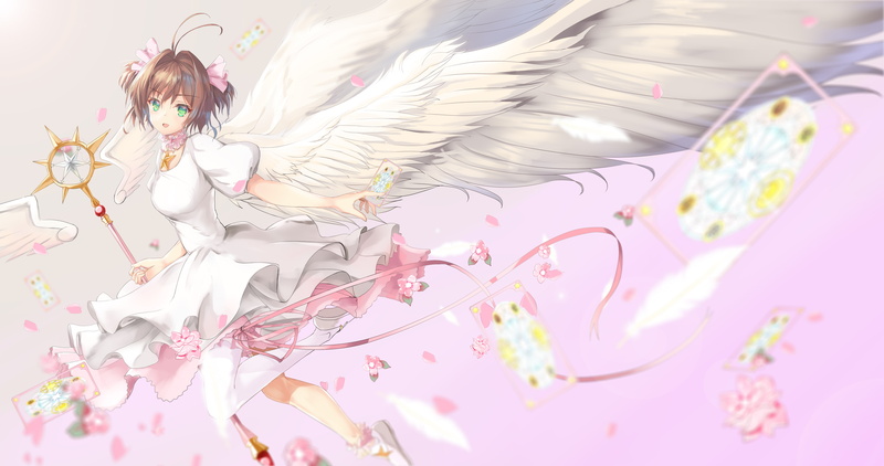 twintails, 258351, choker, com, kinomoto, wings, wand, captor, thighhighs, hair, card, konachan, ribbons, brown, dress, sakura, short, necklace, eyes, icefurs