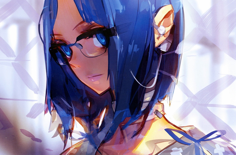 scans, blue, anime, faces, soft, shading, glasses, earphones, ears, eyes, ribbons, short, hair, headphones, meganekko, lips, girls, characters, 2K, choker