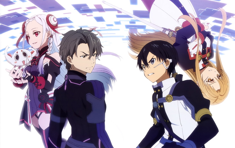 male, com, brown, red, sword, 2girls, eyes, long, group, scan, white, black, thighhighs, konachan, hair, yuuki, dress, ribbons, 2K, braids, asuna, weapon