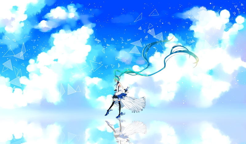 sky, ribbons, vocaloid, aqua, thighhighs, dress, choker, miku, hatsune, riyan, long, 2K, twintails, headphones, hair, 7th, dragon, clouds