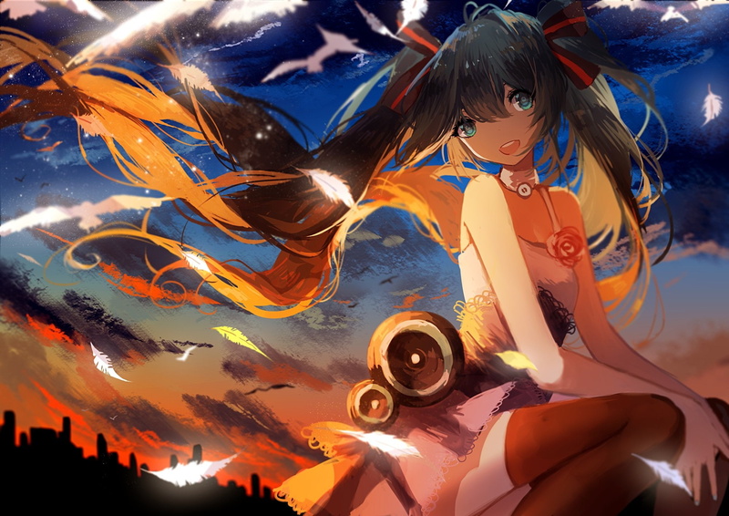 hair, ribbons, eyes, feathers, prophet, animal, vocaloid, twintails, hatsune, clouds, miku, thighhighs, dress, bird, long, blue, heart, choker, 1080P