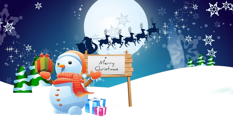 Sleigh, Holiday, Reindeer, Snow, Snowman, Merry Christmas, Santa Claus, Moon, Night, Gift, Christmas, Tree, Stars, 1080P