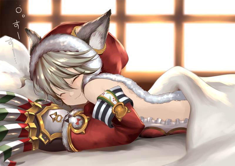 (granblue, fantasy, yuitanpo, fantasy), hat, christmas, animal, gray, granblue, com, ears, smile, short, 2K, 251947, konachan, cat, catgirl, bed, hair