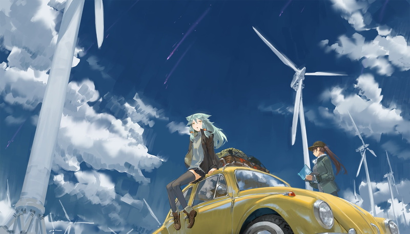 tommy830219, 255172, hat, skirt, clouds, thighhighs, cat, zettai, windmill, ponytail, long, car, yellow, original, ryouiki, com, hair, konachan, brown