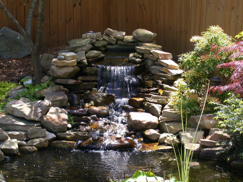 waterfall, lilipads, rock, 3d and abstract, reeds, 1080P, shrubs, garden pond, tree, rock waterfall