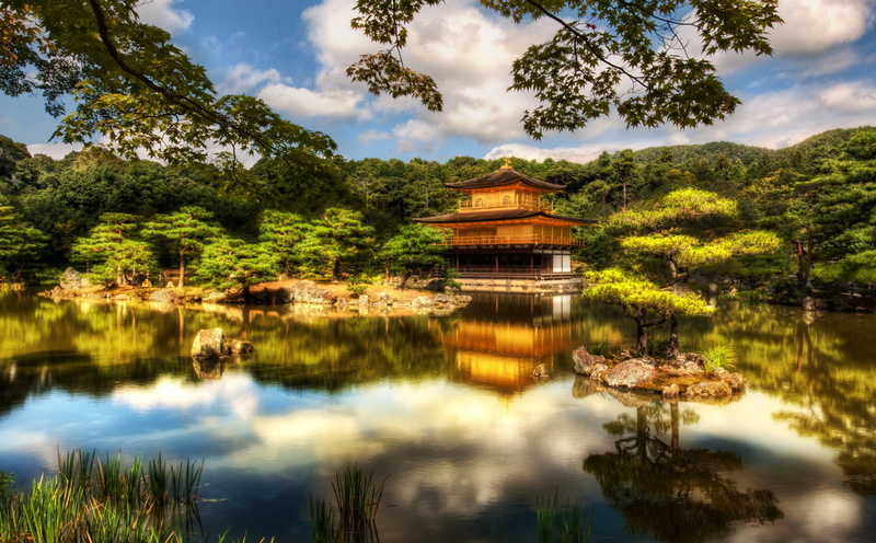 built structure, plant, Garden, architecture, belief, cloud - sky, Asia, Golden, Temple, religion, tranquil scene, Lake, green, Trees, place of worship