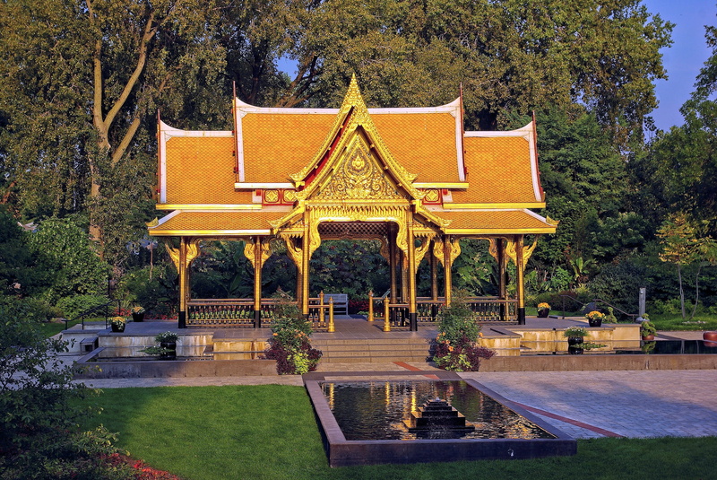 nature, reflection, park - man made space, thailand, shelter, madison, zen, olbrich, outdoors, formal garden, pavilion, tree, blue, wisconsin, golden, belief
