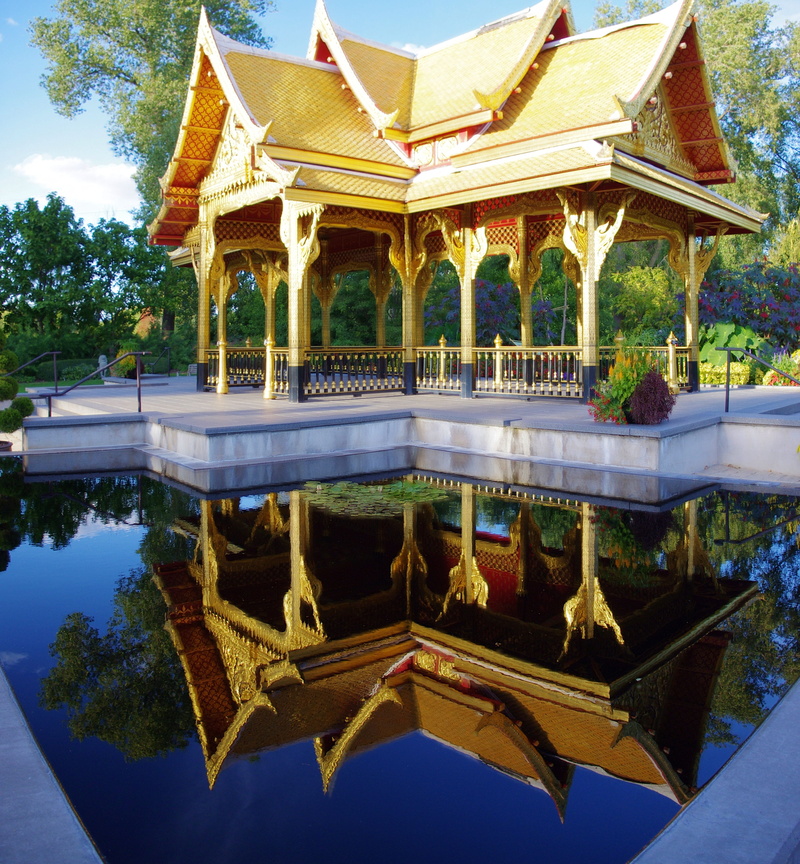 architectural column, belief, gold, gardens, zen, place of worship, built structure, palace, shelter, 4K, blue, nature, madison, spirituality, botanical