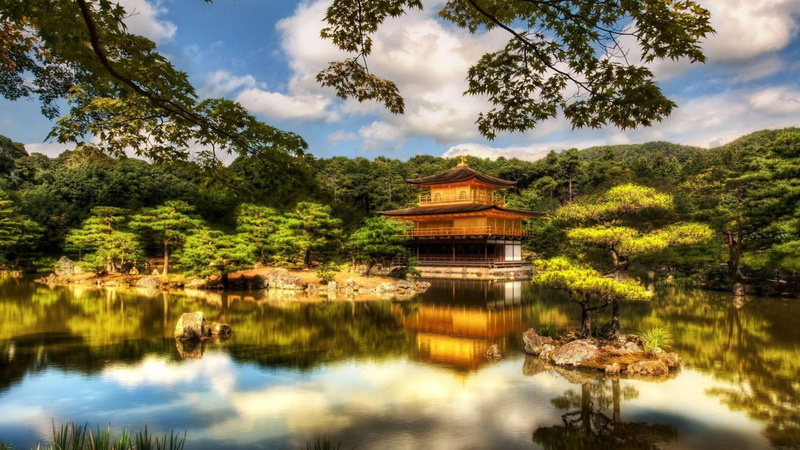 rokuonji, reflection, sky, waterfront, zen, zen temple, tranquil scene, 4K, travel destinations, water, kinkakuji, no people, golden pavilion, architecture