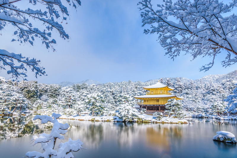 temple, snow, winter, Mirror Pond, pond, Kyoko-chi Pond, trees, Park, 5K, Golden Pavilion, lake Kakoti, Kyoto, Lake view-mirror, Japan, Kinkaku-JI