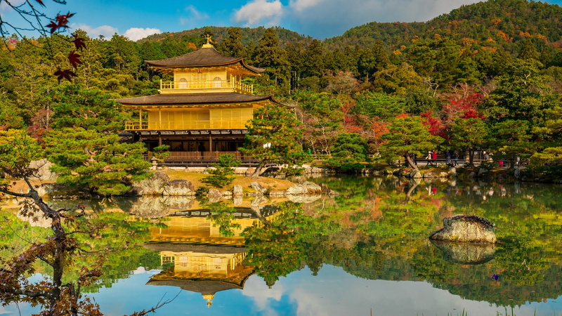Golden Pavilion, garden, reflection, Kyoko-chi Pond, Kinkaku-ji Temple, Japan, pond, Kyoto, The pond is Kyoko-Chi, 1080P, Mirror Pond, autumn, The Kinkaku-JI temple