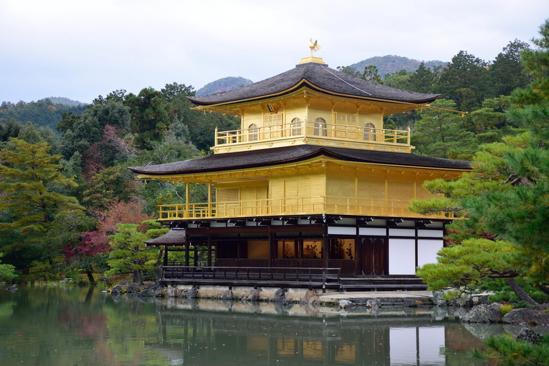 day, waterfront, religion, tree, lake, built structure, sky, reflection, place of worship, nature, kinkaku-ji, kyoto, water, architecture, outdoors, no people