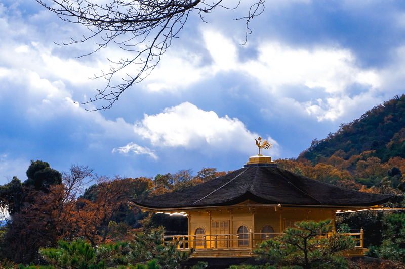 fall, outdoors, asia, mountain, spirituality, cloud - sky, gold, sky, golden temple, built structure, japan, architecture, 5K, nature, place of worship