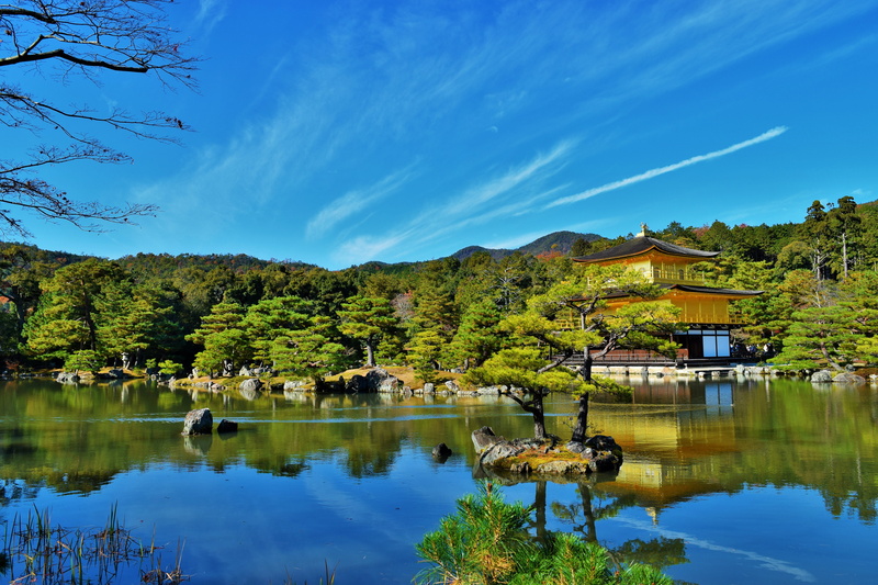lake, built structure, mountain, building exterior, tree, 5K, reflection, kyoto, golden temple, nature, river, plant, kinkaku-ji, residential district