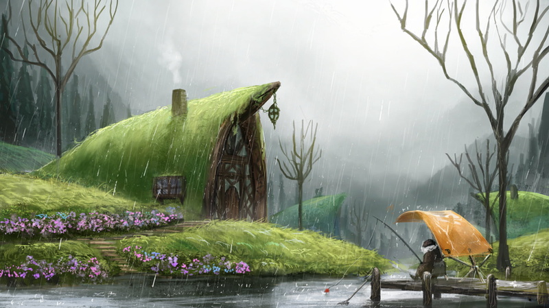 Pond, Fishing, Camping, fog, flower, day, flowering plant, nature, 1080P, scenics - nature, Rain, Men, House, no people, green color, Fantasy, outdoors