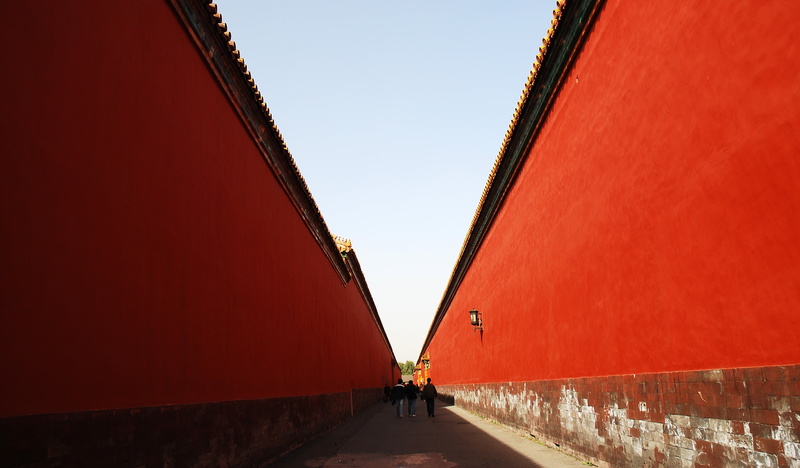 architecture, diminishing perspective, pathway, people, adult, day, the national palace museum, outdoors, walls, beijing, building, nature, red wall, street