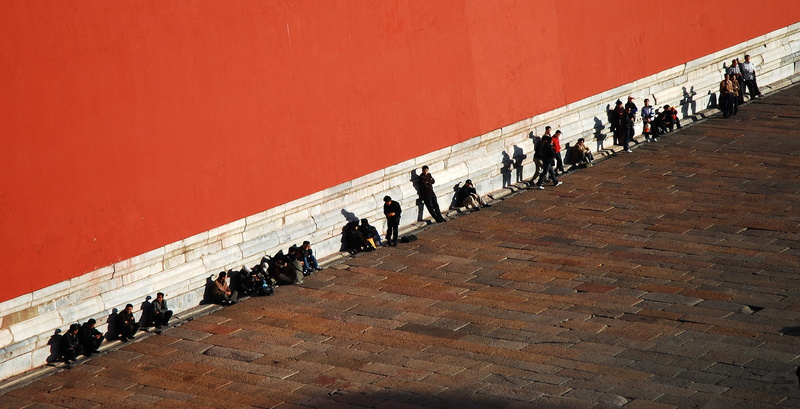 lifestyles, Red Wall, large group of people, women, outdoors, built structure, building, Beijing, walking, leisure activity, Building, real people, in a row