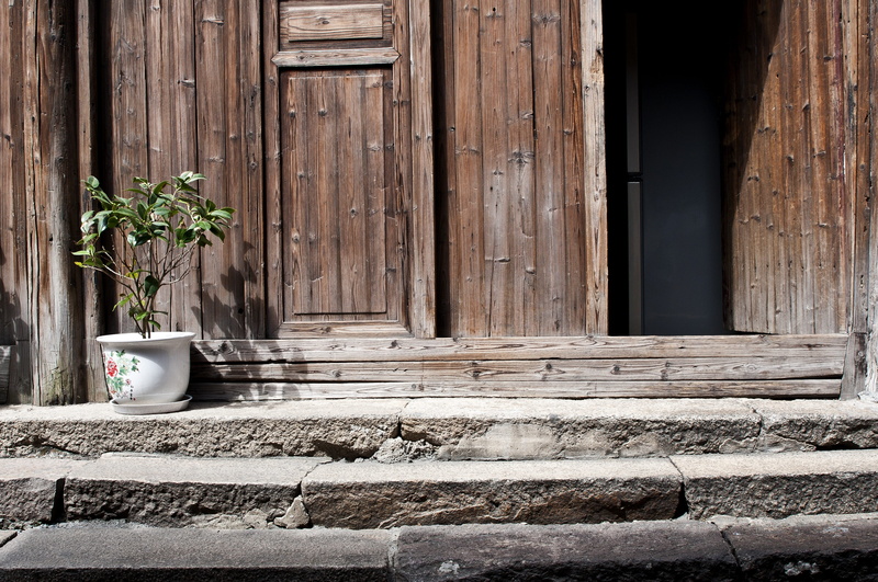 residential district, potted plant, stairs, antiquity, 4K, the ming and qing dynasties, green, wall - building feature, ancient architecture, potted plants