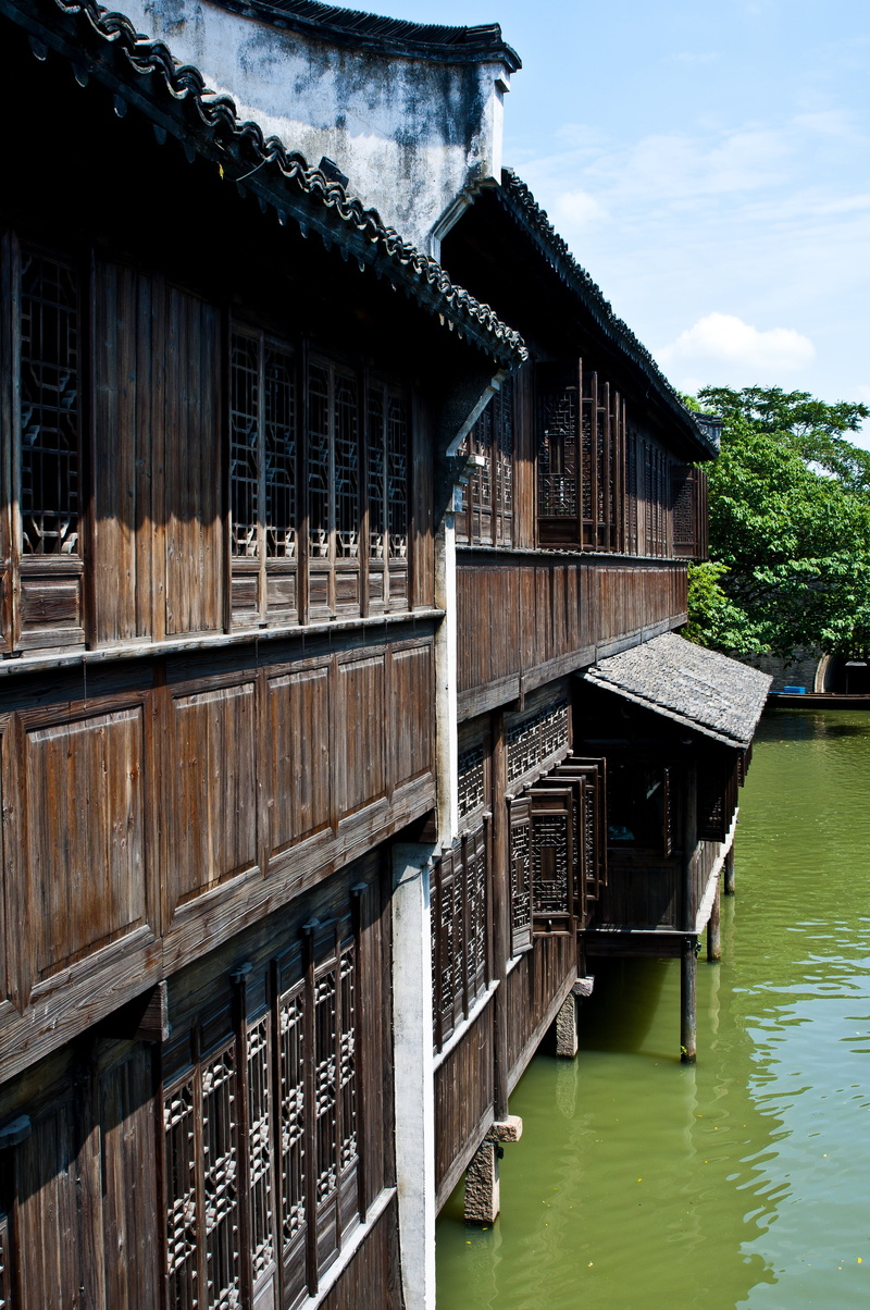 tile, architecture, river, building exterior, water, huizhou architecture, watertown, wooden, green black, nature, cloud - sky, residential district, china wind