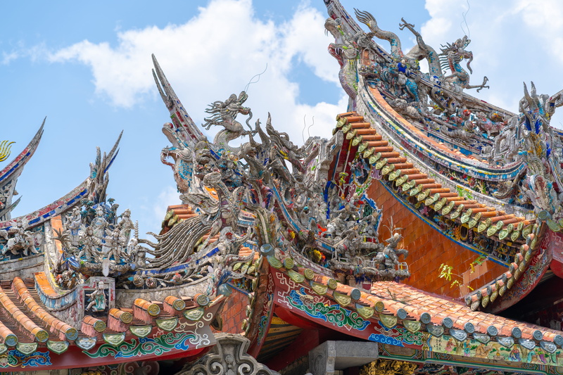 architecture, low angle view, religion, taipei, day, art and craft, ornate, taiwan, spirituality, built structure, roof, building, outdoors, temple, belief