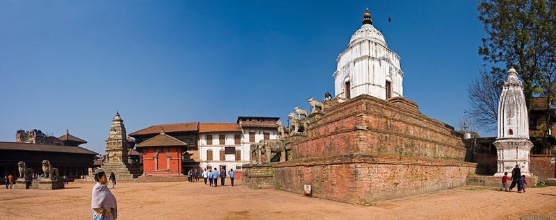 wall, blue, building, historic, building exterior, outdoor, nepal, spirituality, the past, street, incidental people, built structure, panorama, red, bhaktapur