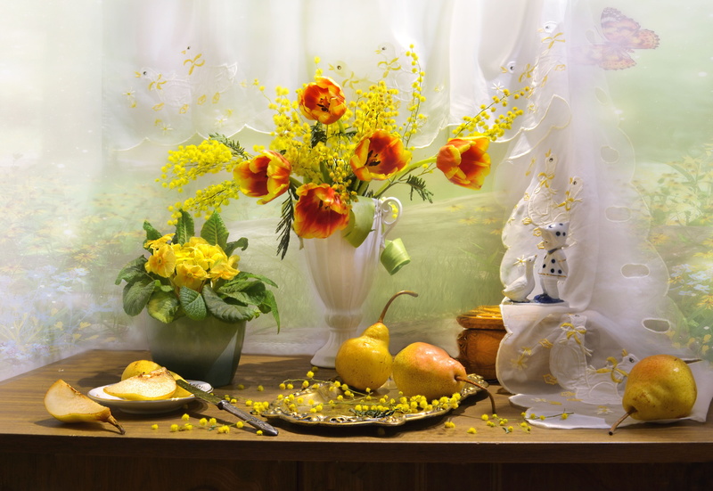 fruit, Mimosa, Valentina Fencing, dish, still life, table, flowers, pear, plate, knife, Primula, tulips, vase, 4K