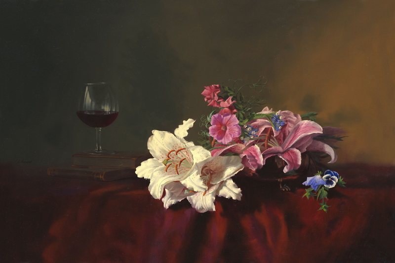 flowering plant, flower head, tablecloth, painting, drink, refreshment, bouquet, white, nature, pink, glass, picture, flowers, table, still life, bunch of flowers