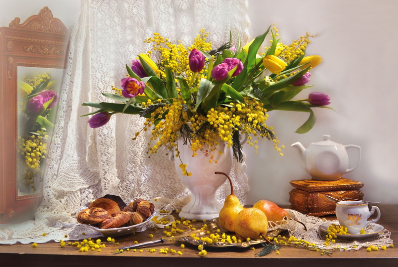 cakes, pear, curtain, mirror, flowers, Mimosa, Valentina Fencing, box, kettle, tulips, vase, still life, fruit, 4K