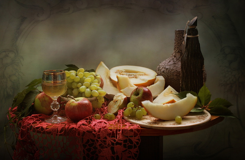 leaves, napkin, melon, table, vessels, fruit, dish, drink, pitcher, still life, grapes, apples, Svetlana Kovaleva, 2K, bottle, berries, Kovaleva Svetlana