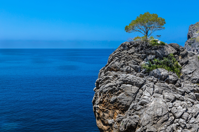 outdoors, blue, rocky coastline, water, 5K, rock, horizon, sky, day, daytime, beauty in nature, loneliness, land, leafed, scenics - nature, port de sa calobra