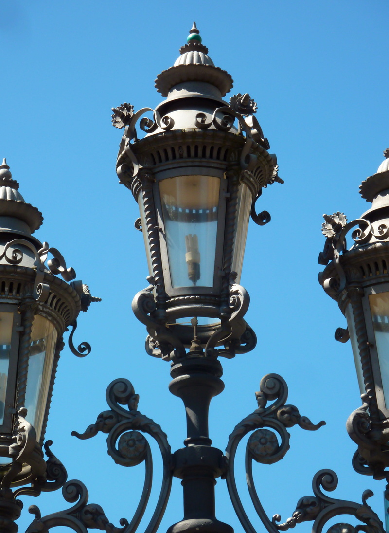 decorated, day, object, antique, old, street, low angle view, no people, sky, candelabra, blue, lighting equipment, built structure, ornate, ornament, lighting