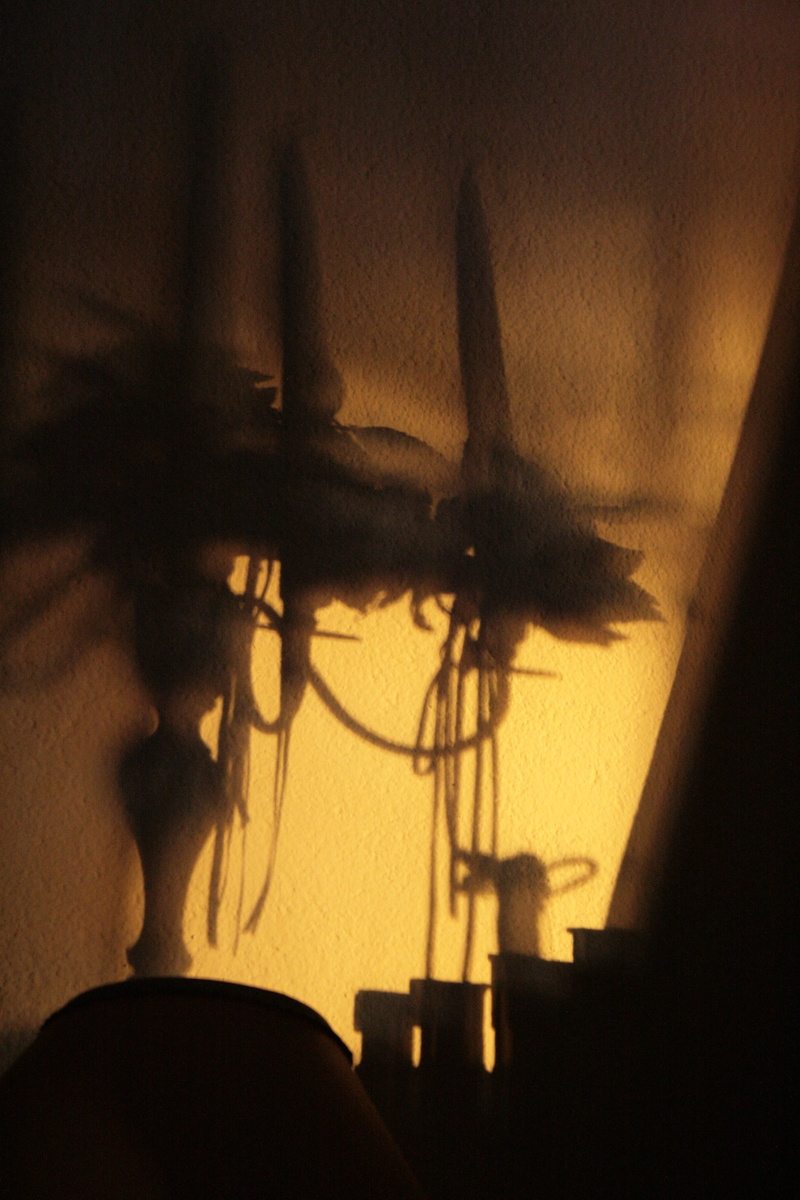 low angle view, sunset, indoors, sky, wind turbine, fuel and power generation, candelabra, renewable energy, wall - building feature, silhouette, mode of transportation