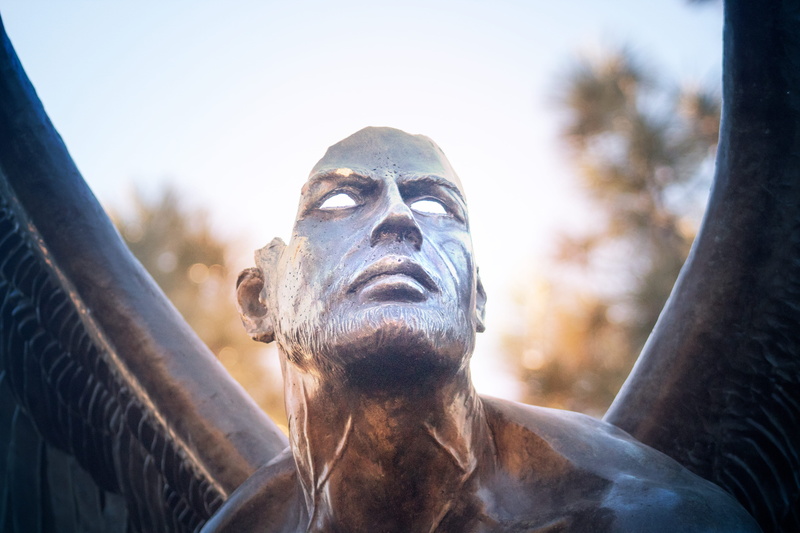 commons park, headshot, photography, representation, nature, united states, statue of angel, statue, statute, day, people, low angle view, focus on foreground