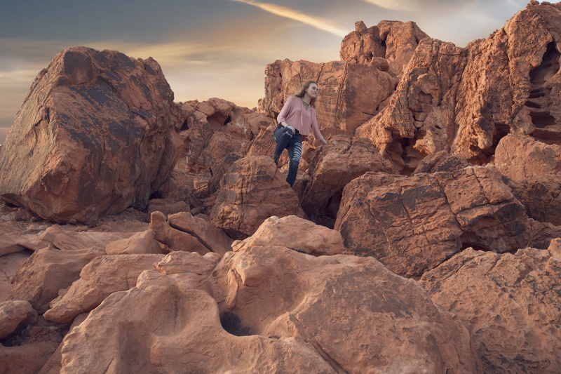 lifestyles, 5K, woman, top, nature, solid, sky, blue, mountain, scenics - nature, full length, people, leisure activity, rock, land, activity, rock formation