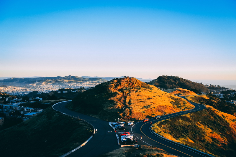 mountain, turn, golden hour, hill, nature, curve, travel, aerial, landscape, sunlight, love, golden, twin peak, city, sunset, sunrise, road, sf, gradient