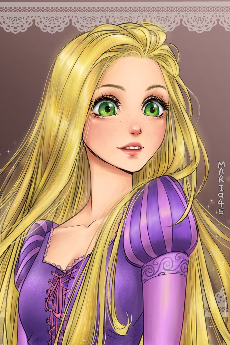 people, fantasy art, young adult, Rapunzel, dress, make-up, hairstyle, looking at camera, long hair, blond hair, glamour, 2K, purple, beautiful people