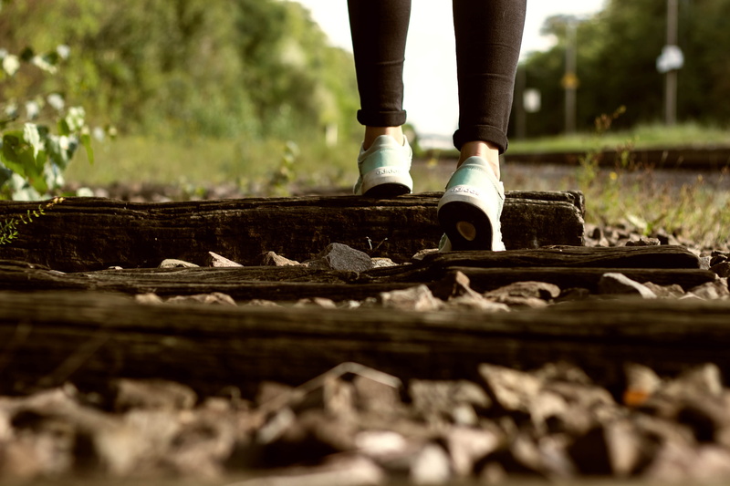 trainstation, adidas, human foot, selective focus, wood, tracks, industrial, nidderau, walking, shoe, nature, human body part, train, feet, day, steps