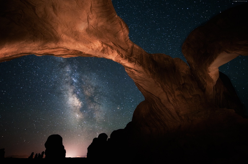 night, stars, night sky, light, mountains, sky, land, 4K