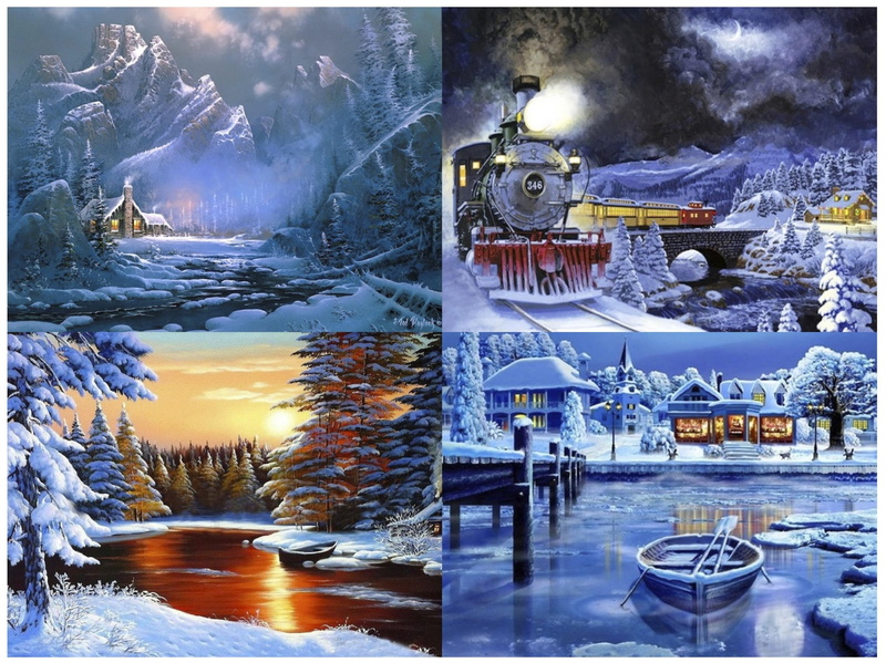 bridge, 2K, cottage, shop, mountains, sunset, scenes, snow, trains, water, steamers, steam, winter