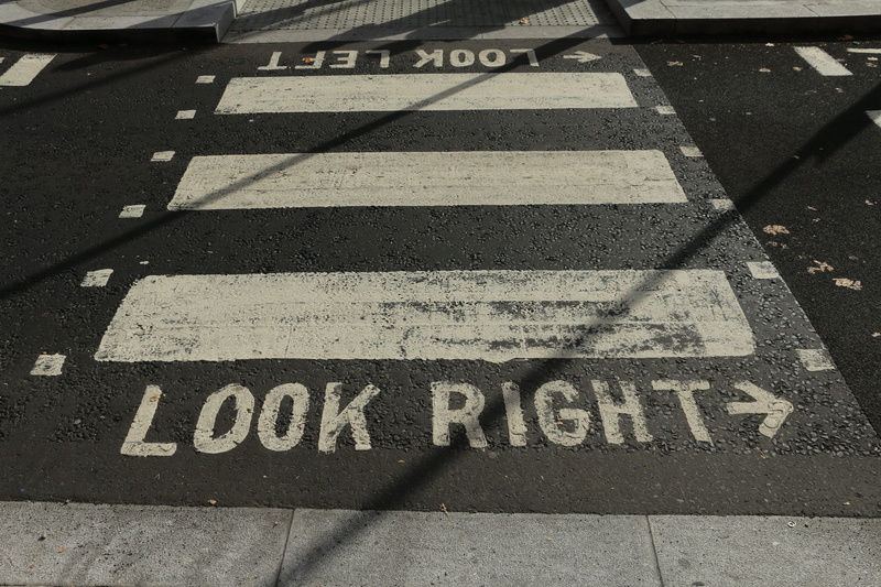united kingdom, information sign, guidance, high angle view, sign, direction, rethink, crosswalk, thinking, western script, city, perspective, look, transportation