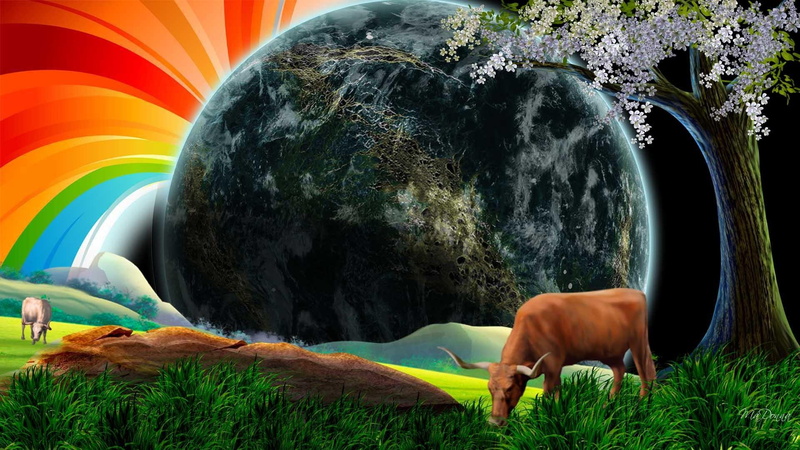 cattle, world, rainblow, flowers, rainbow, abstract, field, grass, around, rocks, space, trees, 3d and abstract, 1080P, cows